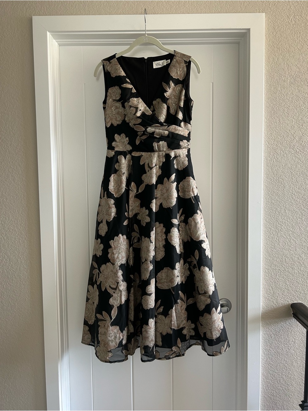 Eliza J Black Midi Dress with Gold Floral Jacquard